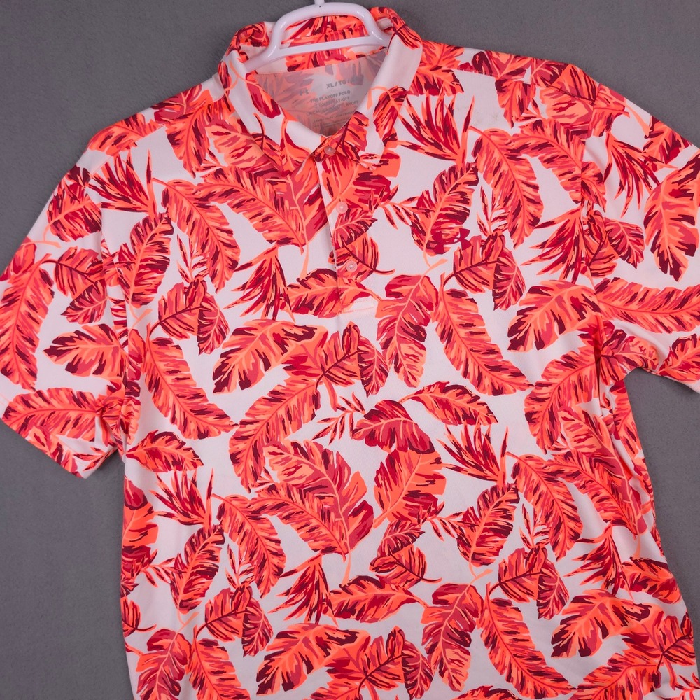 Under Armour Playoff Polo Tropical Palm Leaf Pink Orange XL Performance Golf 90s